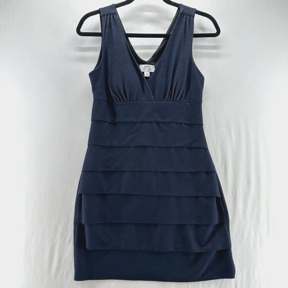 Sweet Storm Dresses & Skirts - Sweet Storm Sleeveless Mini Dress Womens L Bodycon Tiered V-Neck Lined Navy Blue
